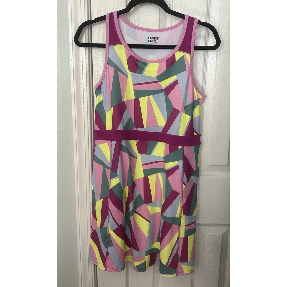 Lands End Athletic Tank Dress Geometric Neon Pink Green Brunch Tennis Pickleball